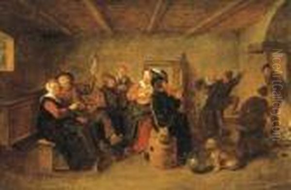 Peasants Drinking And Making Music In A Tavern Oil Painting by Jan Miense Molenaer