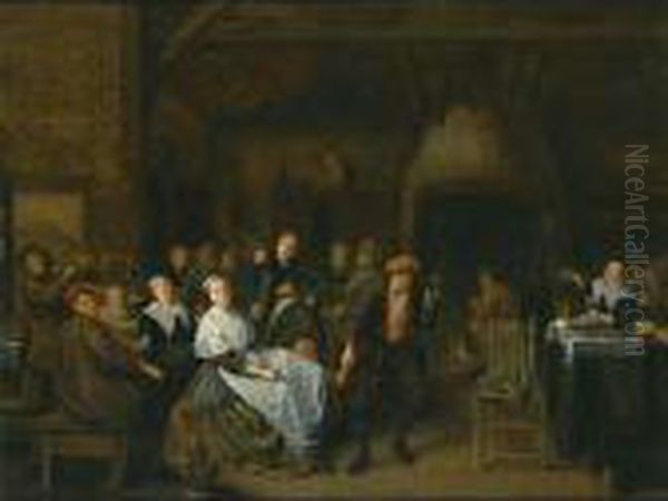 Peasants In An Inn Drinking, Eating And Playing Music, With A Couple Playing Slap Feet Oil Painting by Jan Miense Molenaer