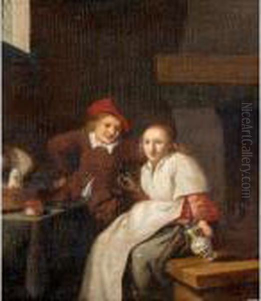 Peasants Drinking In A An Interior Oil Painting by Jan Miense Molenaer