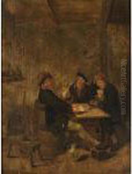 Peasants Drinking And Playing Cards In An Inn Oil Painting by Jan Miense Molenaer