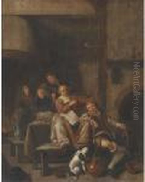 A Tavern Interior With A Peasant Woman Playing The Violin And Other Peasants Singing Oil Painting by Jan Miense Molenaer