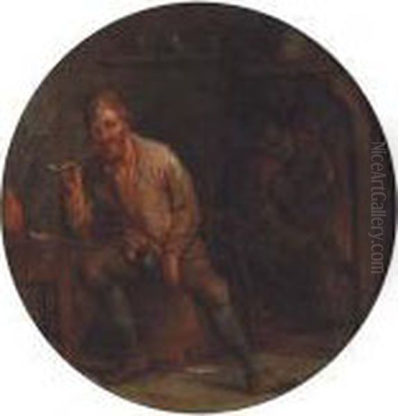 A Boor Smoking A Pipe In An Interior, A Peasant By A Fireplacebeyond Oil Painting by Jan Miense Molenaer