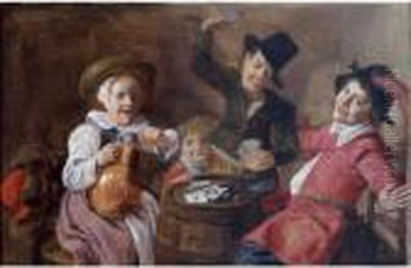 Children Playing Cards Around A Barrel Oil Painting by Jan Miense Molenaer