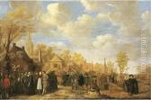 A Village Landscape With Crowds Gathering Around Quack Doctors Oil Painting by Jan Miense Molenaer