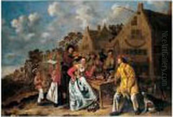 Peasants Feasting And Playing Music Outside A Tavern Oil Painting by Jan Miense Molenaer