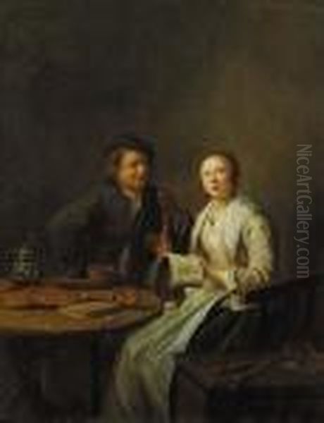 A Couple Making Music In An Interior Oil Painting by Jan Miense Molenaer