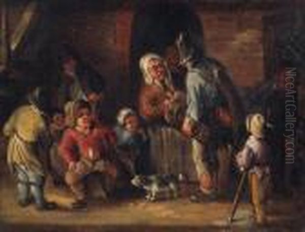 A Hurdy-gurdy Player Conversing With Peasants Outside Acottage Oil Painting by Jan Miense Molenaer