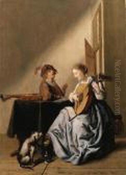 A Young Woman Playing A Lute With A Youth Singing In Aninterior Oil Painting by Jan Miense Molenaer