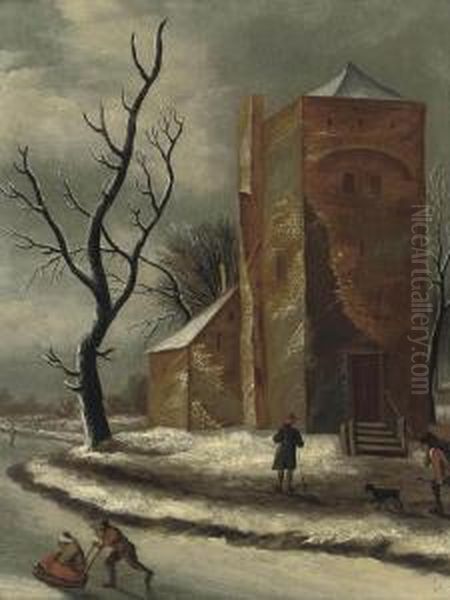 A Winter Landscape With Figures On A Frozen River Beside A Church Oil Painting by Claes Molenaar (see Molenaer)