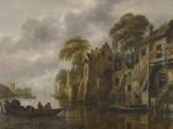 A River Landscape With Fishermen Loading Their Nets Beside A Town Oil Painting by Claes Molenaar (see Molenaer)