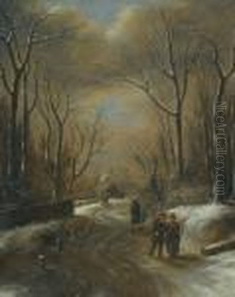 A Wooded Winter Landscape With Figures Walking Along A Path, A Church Steeple Beyond Oil Painting by Claes Molenaar (see Molenaer)