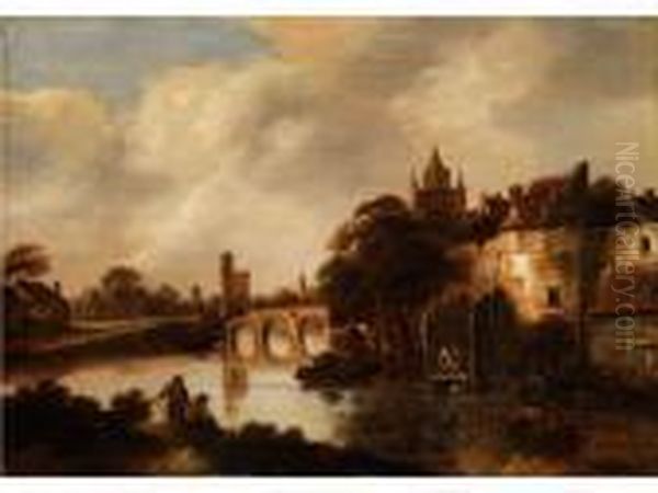 Flusslandschaft Mit Rechts Erhohtstehender Stadt Und Stadtmauer Am Ufer Oil Painting by Claes Molenaar (see Molenaer)