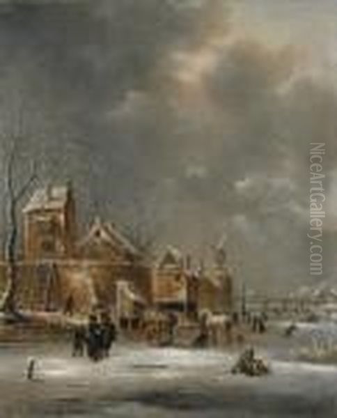 Winterlandschaft Mitschlittschuhlaufern Oil Painting by Claes Molenaar (see Molenaer)