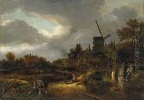 Landschaft Mitwindmuhle Oil Painting by Claes Molenaar (see Molenaer)