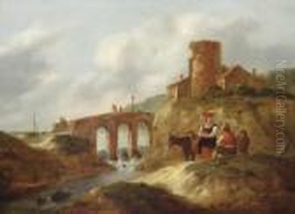 An Italianate Landscape With Travellers Resting Near A Bridge Oil Painting by Claes Molenaar (see Molenaer)