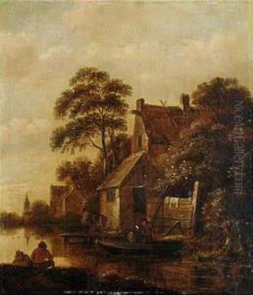 At A Dutch Canal. Oil Painting by Claes Molenaar (see Molenaer)