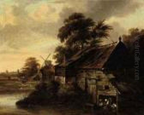 A Town View With Women Washing Clothes At A River Oil Painting by Claes Molenaar (see Molenaer)