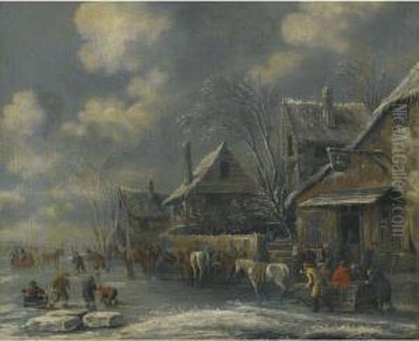 A Frozen River Landscape With 
Children Playing On The Ice Andfigures Gathered Outside The Swan Inn Oil Painting by Claes Molenaar (see Molenaer)