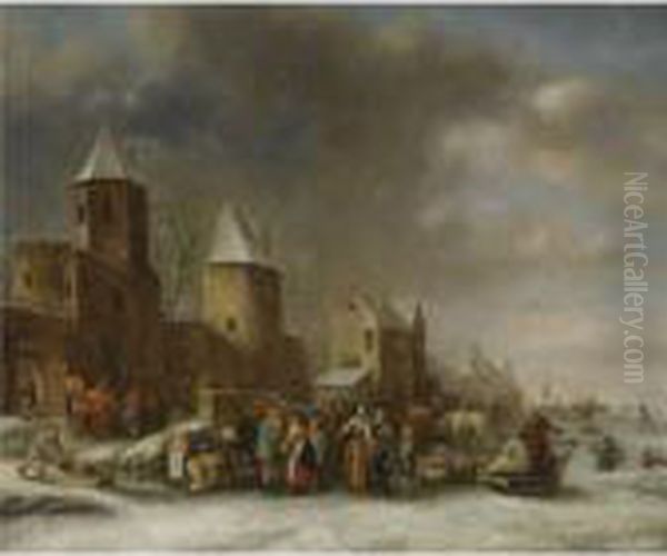 A Winter Landscape With Figures On A Frozen River Outside The Wallsof A Town Oil Painting by Claes Molenaar (see Molenaer)