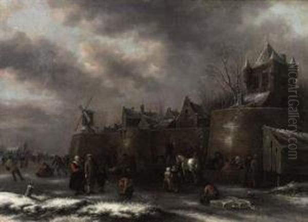 A Winter Landscape With Figures 
Skating And Sleighing On A Frozenmoat Outside A Fortified Town Oil Painting by Claes Molenaar (see Molenaer)