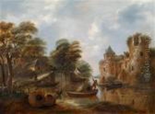 Flusslandschaft Mit Fischern Vor Einer Burgruine Oil Painting by Claes Molenaar (see Molenaer)