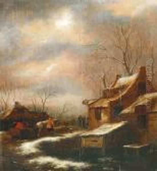  Scene De Village Sous La Neige Animee De Personnages  Oil Painting by Claes Molenaar (see Molenaer)