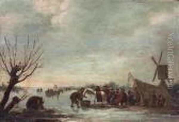 A Winter Landscape With Figures On A Frozen Lake Oil Painting by Claes Molenaar (see Molenaer)