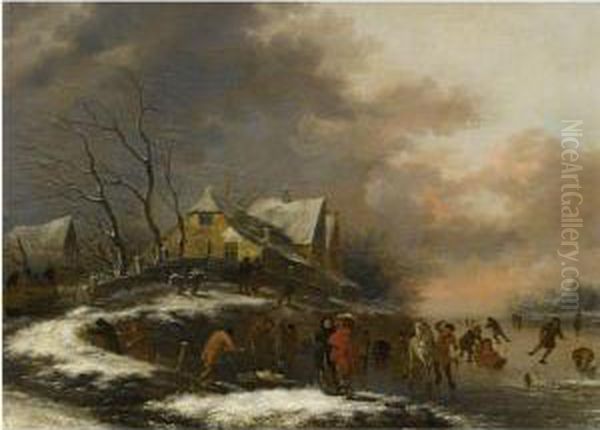 A Winter Landscape With Figures Skating On A Frozen River By Avillage Oil Painting by Claes Molenaar (see Molenaer)