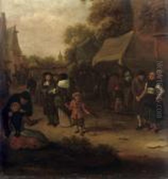 A Village Scene With Numerous Figures Oil Painting by Claes Molenaar (see Molenaer)