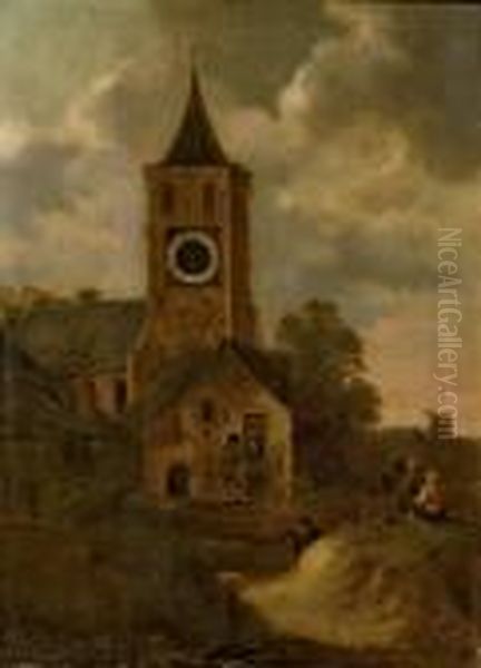 Paysans Autour D'une Eglise Oil Painting by Claes Molenaar (see Molenaer)