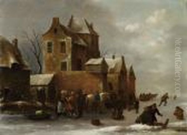 Winterlandschaft Mit Zugefrorenem Kanal Oil Painting by Claes Molenaar (see Molenaer)