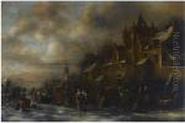 A Winter Landscape Oil Painting by Claes Molenaar (see Molenaer)