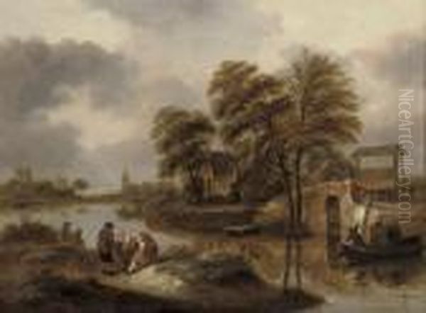 A River Landscape With Fishermen Oil Painting by Claes Molenaar (see Molenaer)