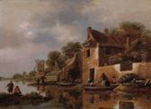 Paesaggio Di Un Canale Olandese Con Battellieri Su Una Barca E Un Villaggio Oil Painting by Claes Molenaar (see Molenaer)