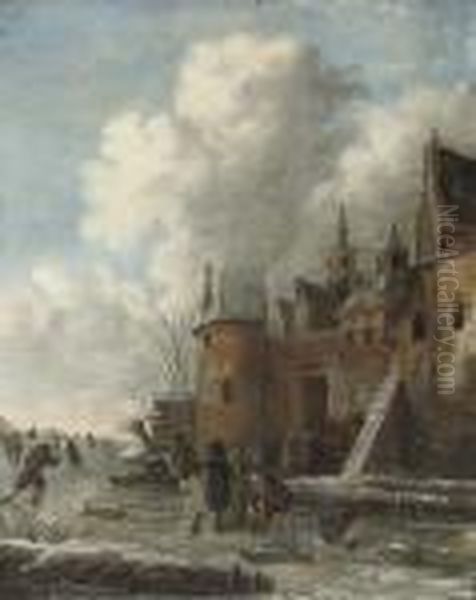 A Winter Landscape With Figures Skating And Sleighing Near A Village Oil Painting by Claes Molenaar (see Molenaer)