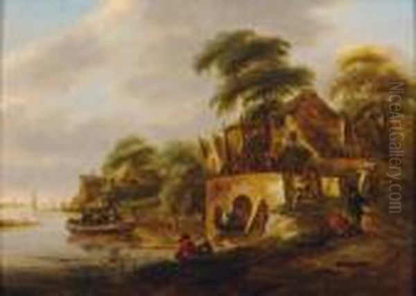 Pecheurs Pres De La Riviere Et D'une Chaumiere Oil Painting by Claes Molenaar (see Molenaer)