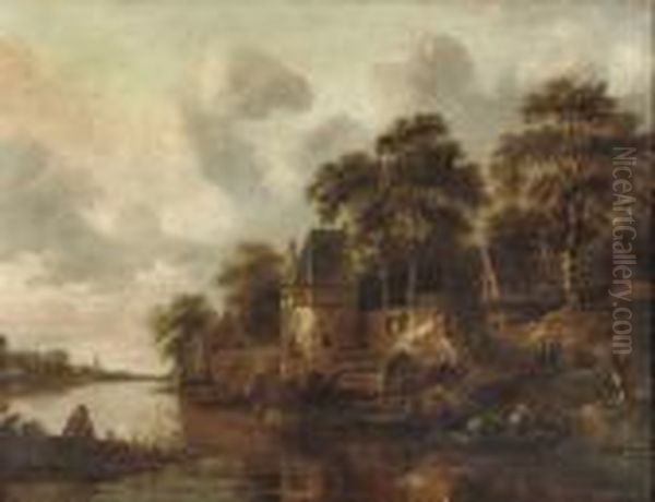 A River Landscape With Fishermen In Their Boats Oil Painting by Claes Molenaar (see Molenaer)