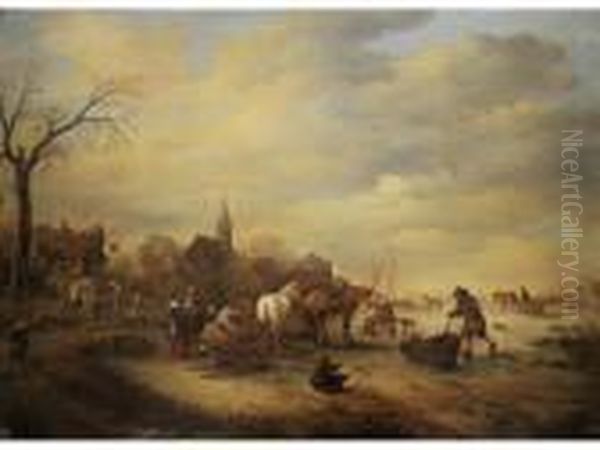 Dutch Figures And Horses On A Frozen River Oil Painting by Claes Molenaar (see Molenaer)