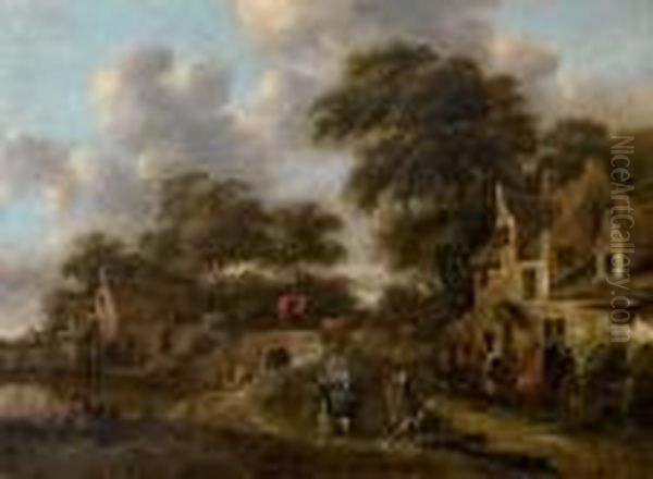 A Riverside Village With A Carriage Crossing A Bridge And Figures Before A Tavern Oil Painting by Claes Molenaar (see Molenaer)