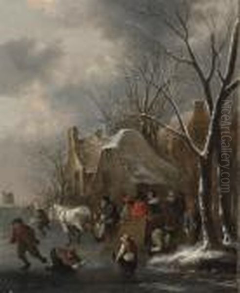 A Winter Landscape With Figures Desporting Oil Painting by Claes Molenaar (see Molenaer)