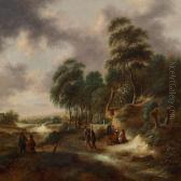 A Wooden Landscape With Figures By A House Oil Painting by Claes Molenaar (see Molenaer)