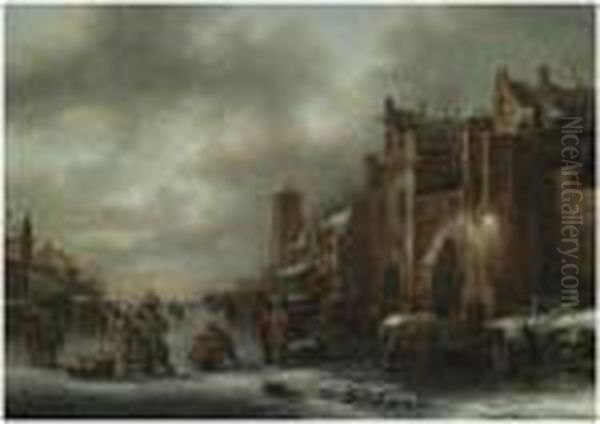 A Winter Landscape With Numerous Figures On A Frozen River Outsidethe Town Walls Oil Painting by Claes Molenaar (see Molenaer)