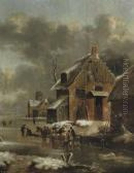 A Winter Landscape With A Horse-drawn Sleigh And Figures Oil Painting by Claes Molenaar (see Molenaer)