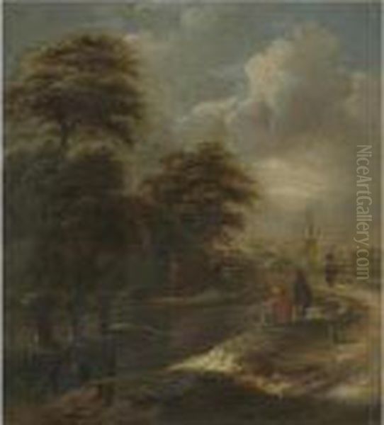 A River Landscape With Figures Fishing Beside A Path Oil Painting by Claes Molenaar (see Molenaer)