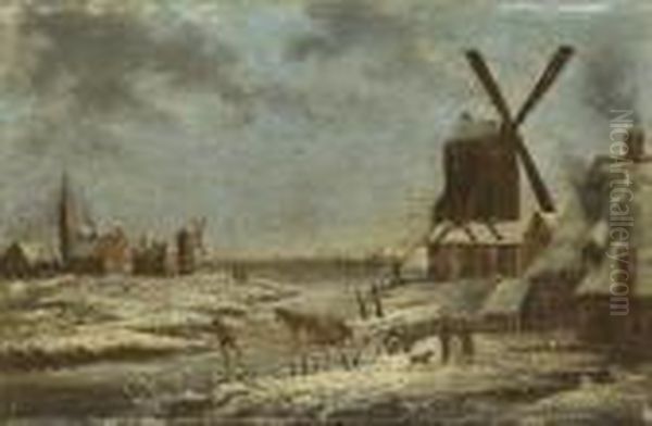 Paysage D'hiver Avec Un Moulin Oil Painting by Claes Molenaar (see Molenaer)