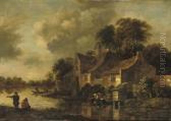 A Wooded River Landscape With A Washerwoman And Fishermen Near Afarmsted Oil Painting by Claes Molenaar (see Molenaer)