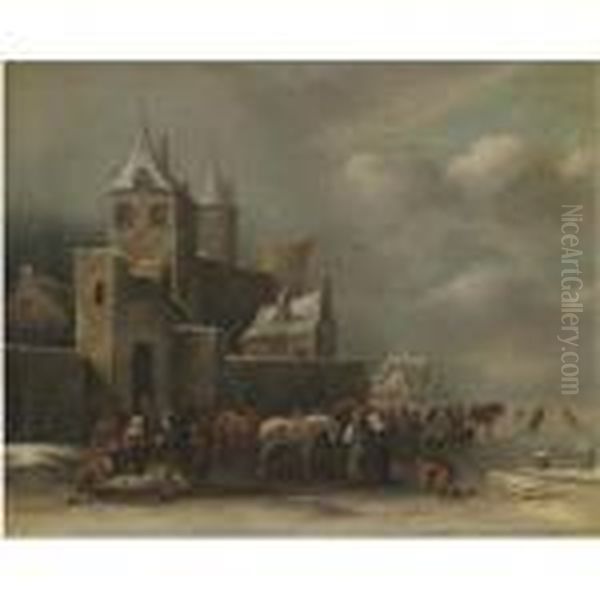 A Winter Landscape With Figures Conversing Outside A Village Oil Painting by Claes Molenaar (see Molenaer)