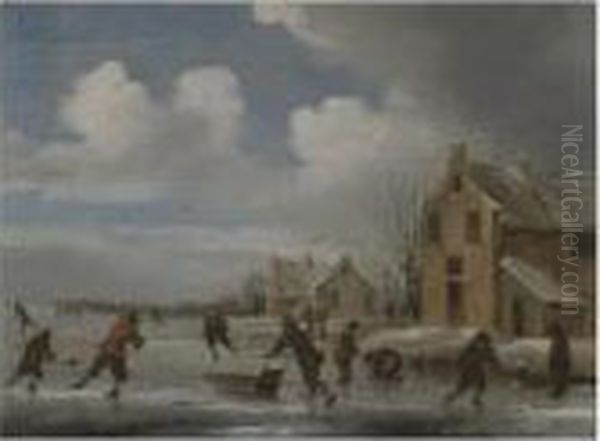 A Winter Landscape With Skaters On A Frozen Lake Oil Painting by Claes Molenaar (see Molenaer)