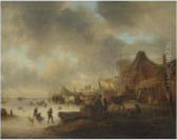 A Winter Landscape With Children
 Playing On A Frozen River And Travellers Resting With Their Horses Oil Painting by Claes Molenaar (see Molenaer)