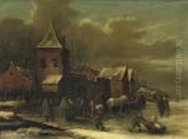 A Winter Landscape With Figures On A Frozen Canal On The Outskirts Of A Town Oil Painting by Claes Molenaar (see Molenaer)